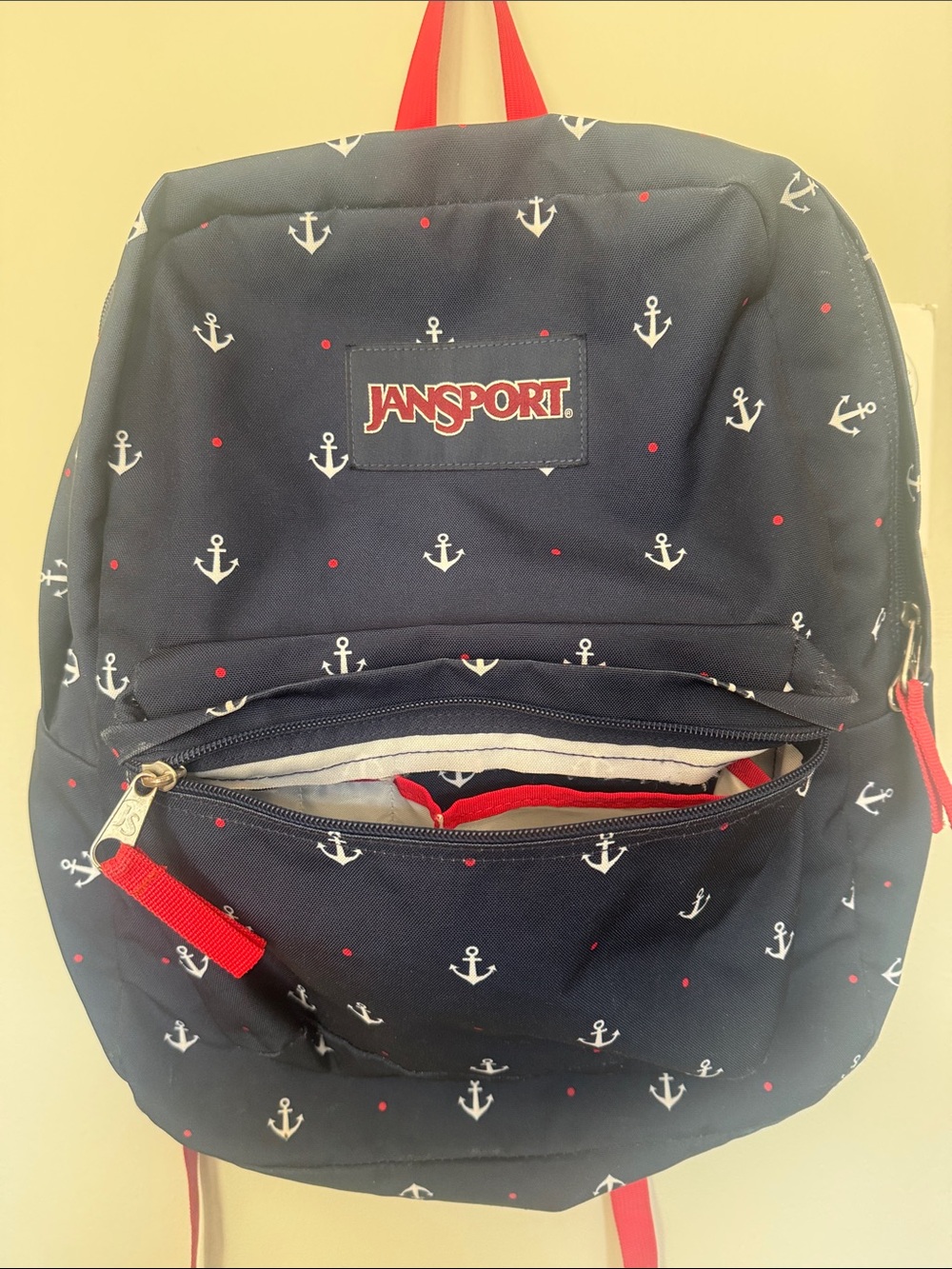 JanSport Navy Anchor Print Backpack with Red Accents